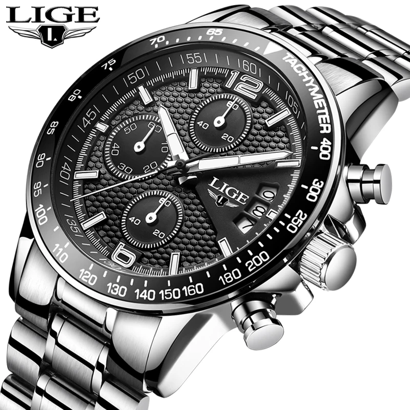 

LIGE Mens Watches Top Brand Luxury Military Sport Watch Men Stainless Steel Waterproof Wristwatch Quartz Clock Relogio Masculino