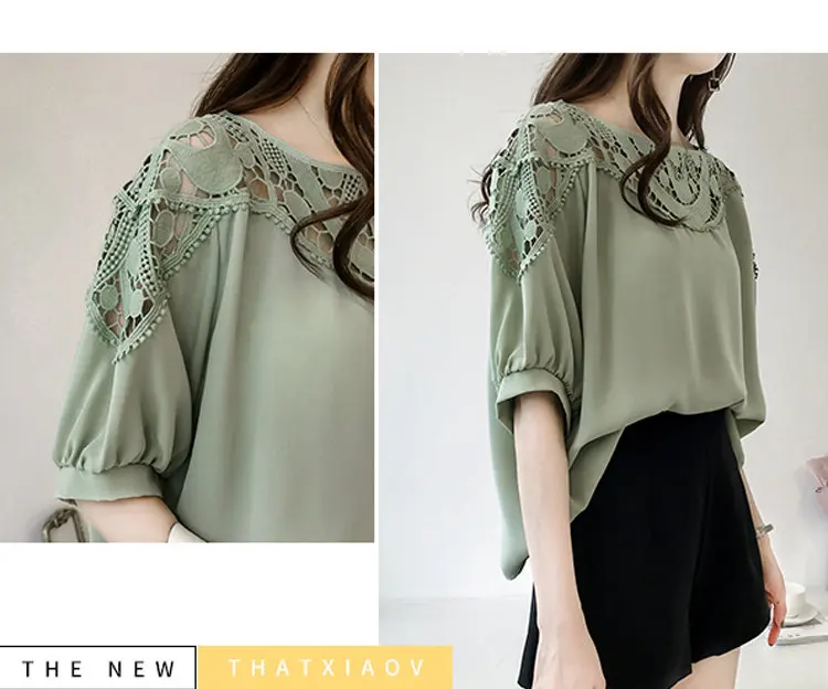 New Summer Tops Large Size Chiffon Blouses Women Korean-style Hollow Lace Patchwork Shirts Femme Casual Short Sleeve Blusas Mujer De Moda 2019 (6)