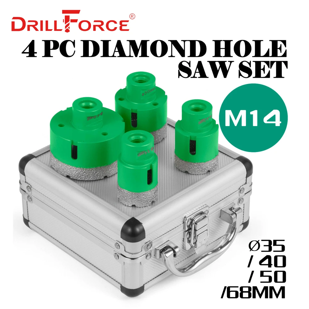 Drillforce Набор пил с 4 алмазными отверстиями 35/40/50/68 мм M14 прочный Carborundum Ceramics