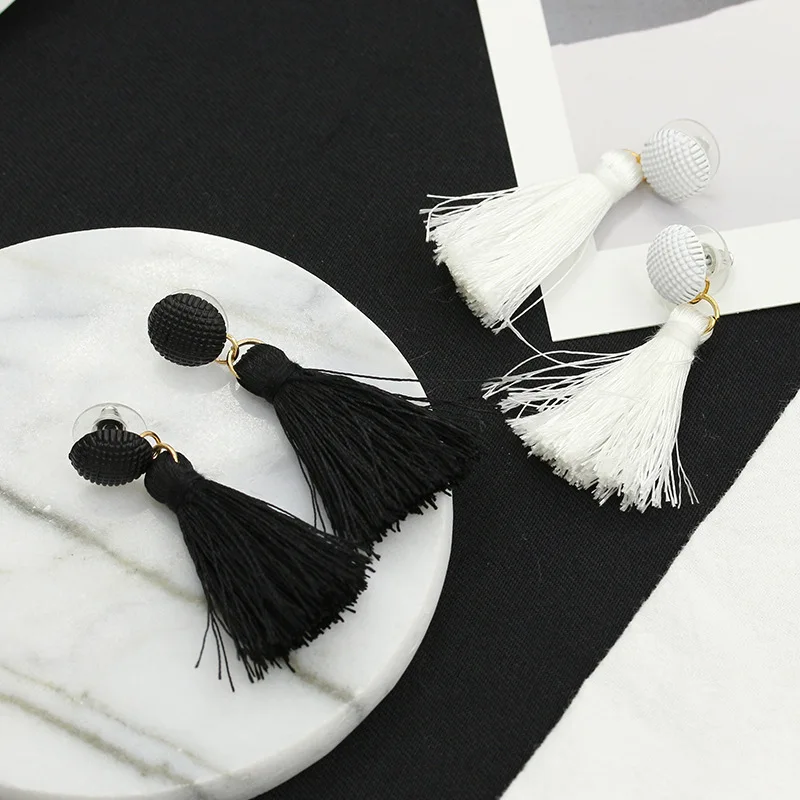 Black White Plastic Stud Cotton Strings Tassel Dangle Earrings Drop
