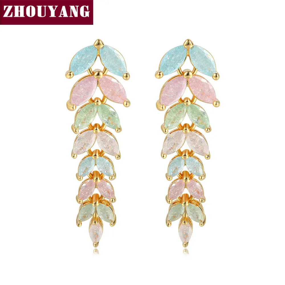 

ZHOUYANG Drop Earring For Women Multi Color Crystal Leaf Shaped Yellow Gold Color Birthday Party Gift Fashion Jewelry E067