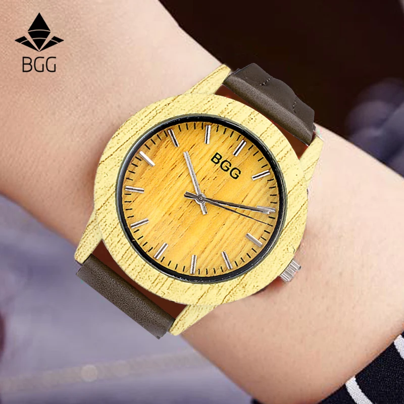 

2018 New Design Wood Style Unisex Watch BGG Fashion Brand Waterproof Men Women Wristwatch Casual Sport Leather Watch reloj gift