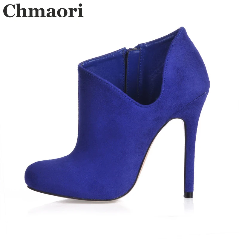 Autumn Hot Blue Suede Leather Women High Heel Ankle Boots Deep V Side