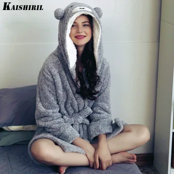 

Women Winter Warm Flannel Bath Robe Women Long Towel Bathrobe Women Dressing Gown Female Cute Bear Kimono Sleepwear Bride Robe