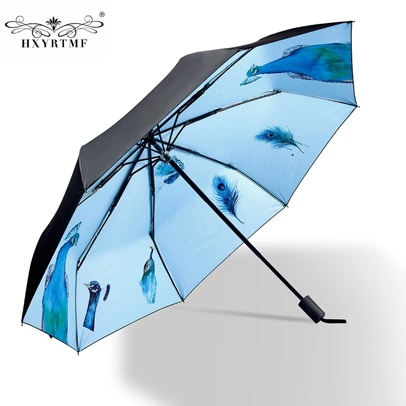 New Peacock Printed Black Vinyl Anti UV 3 Folding Women Umbrella Sunny
