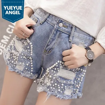 

Beading High Waist Shorts for Womens Jeans High Street Hole Tassel Denim Shorts Girls Casual Short Pants Frayed Pearls Hot Pants