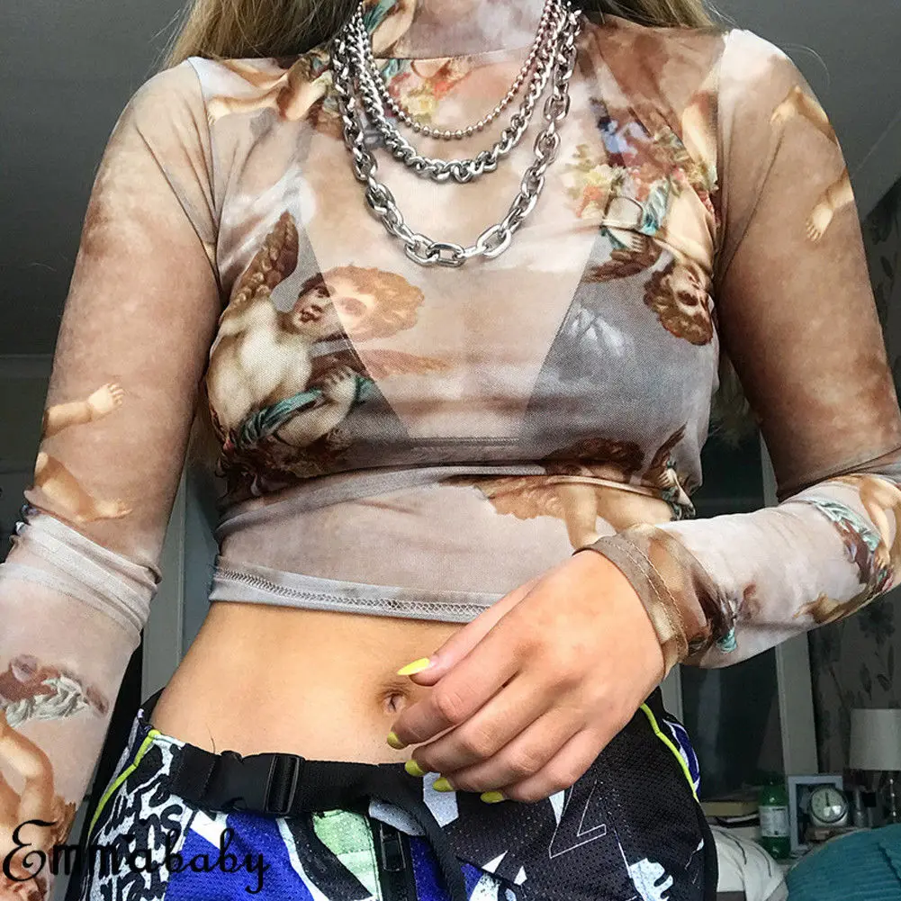 

Sexy Mesh Sheer Angel Printed Tshirt Women Long Sleeve See Through Crop Tops Tees T-shirt Female Gothic Tumblr Shirts