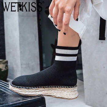 

WETKISS Knitting Women Ankle Boots Round Toe Footwear Stretch Female Sock Boot Straw Weave Platform Shoes Women sneakers 2019