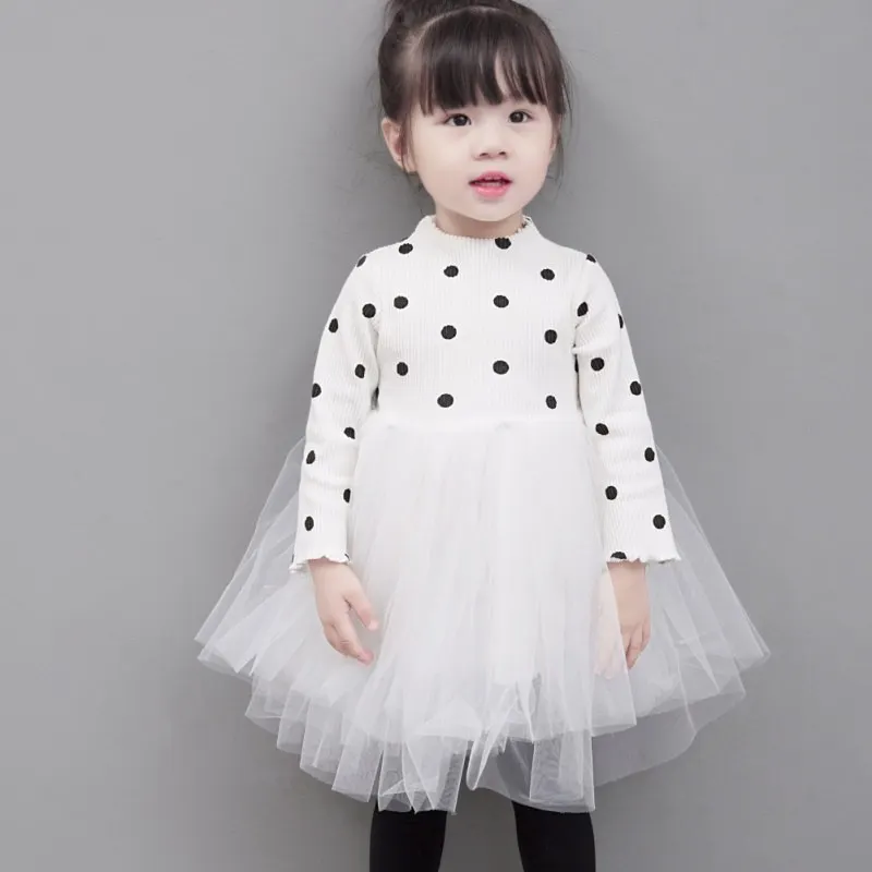 

2018 Autumn Winter Baby Long Sleeve Polka Dot Fleece Mesh Ball Gown Tutu Girls Dress Kids Clothes Vestido Baby Dress S2