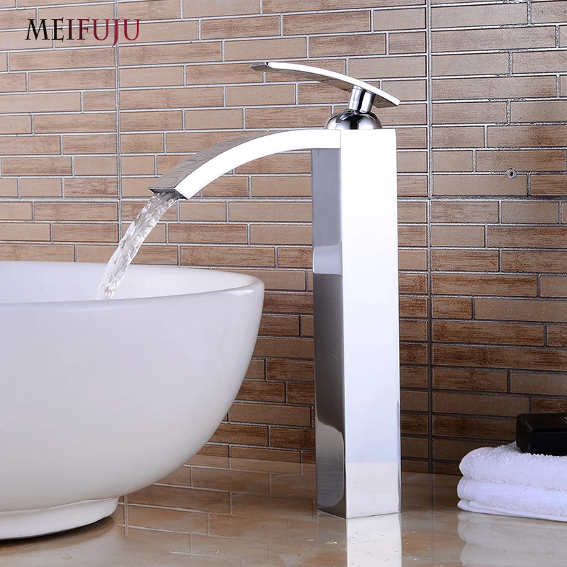 

MEIFUJU Basin Faucet Bathroom Chrome Faucet Tall Waterfall Faucet Basin Sink Tap Mixer Hot Cold Water Faucet Waterfall Square