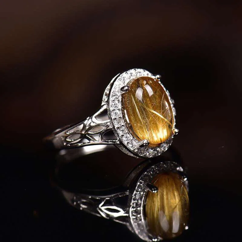 

10-6.7mm Natural Gold Rutilated Quartz Crystal Ring For Woman Man Adjustable Size 925 Silver Sterling Metal Rings AAAAA