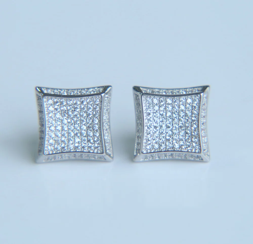 Iced out bling квадратной формы микро проложить Полный фианит 925 Серебряный фиксирующий штифт серьги гвоздики для мальчиков мужчин