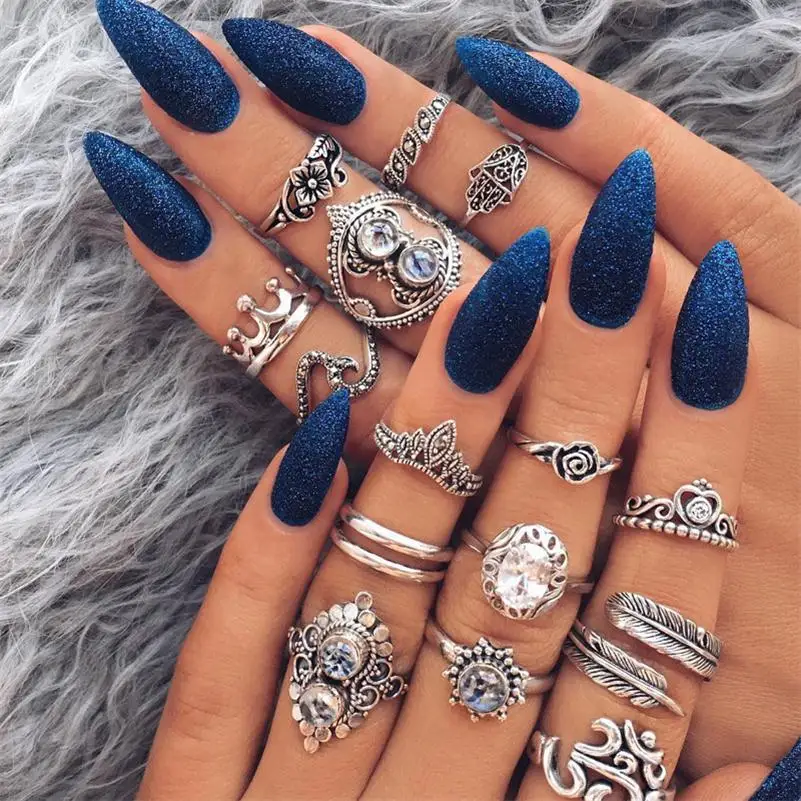 

Bohemian Women Rings Exquisite Mosaic Crown Hand Wave Om Heart Shape Crystal Geometry Silver Ring Lady Wedding Party Jewelry