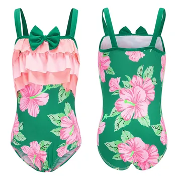 

2019 Hot new Summer children Girl Bow Ruffles baby swimwear Floral Print kid Swimwear bath green swimwear Jumpsuit playa bebe