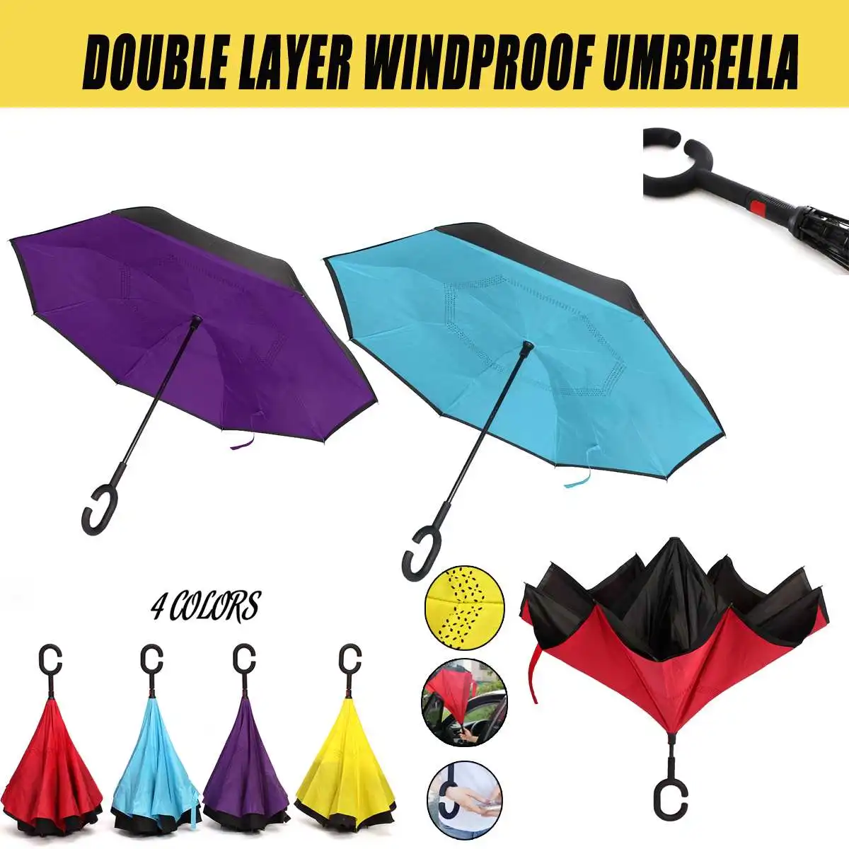 

C Handle Windproof Reverse Folding Umbrella Man Women Sun Rain Car Inverted Umbrellas Double Layer Anti UV Self Stand Parapluie