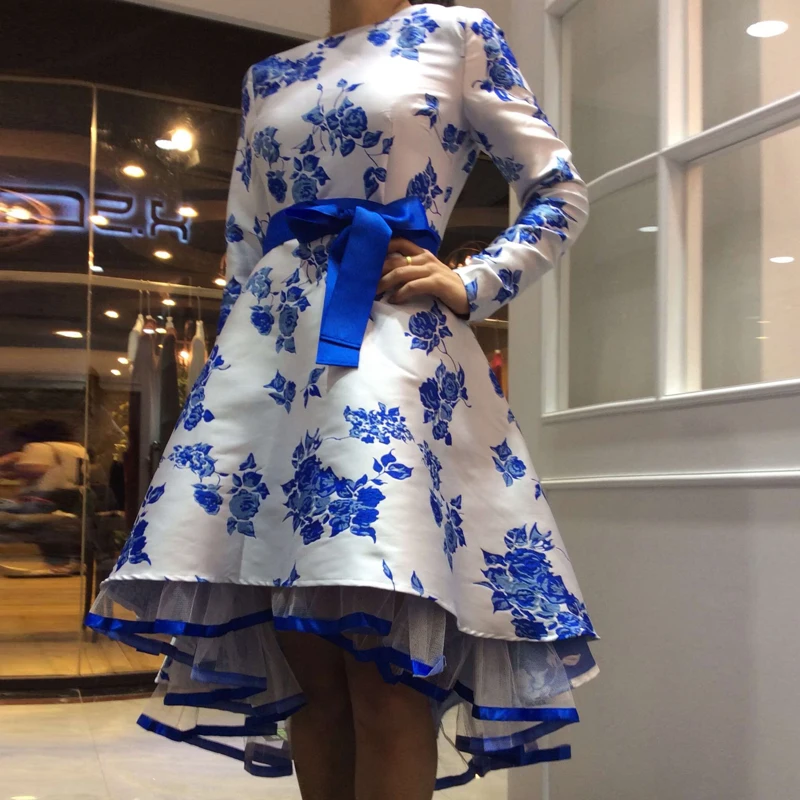 VYSOKÁ KVALITA Nejnovější módní šaty 2019 Dámské elegantní dlouhé rukávy Modrá Bílá Porcelánová Květinová Jacquard Dovetail Dress