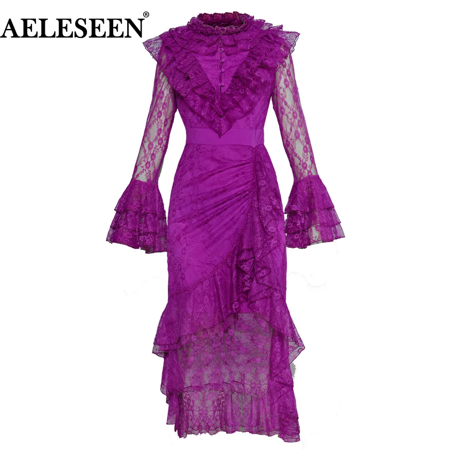 

AELESEEN Sexy Party Mesh Lace Dress Women's Flare Long Sleeve Ruffled Purple Summer Dress 2019 Irregular Sheath Female Vestidos