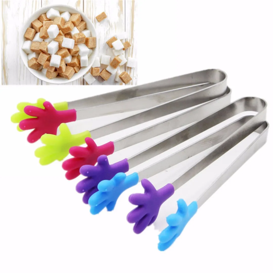 1pc Stainless Steel Mini Tongs Sugar Cube Tong Silicone Hand Shape Food