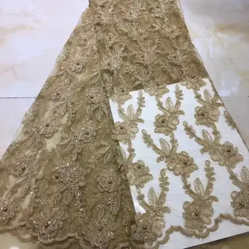 

2019 Latest African Lace Fabric 2019 Embroidery Nigerian Beads Lace Fabric.High Quality Gold French Tulle Lace Fabric For Women