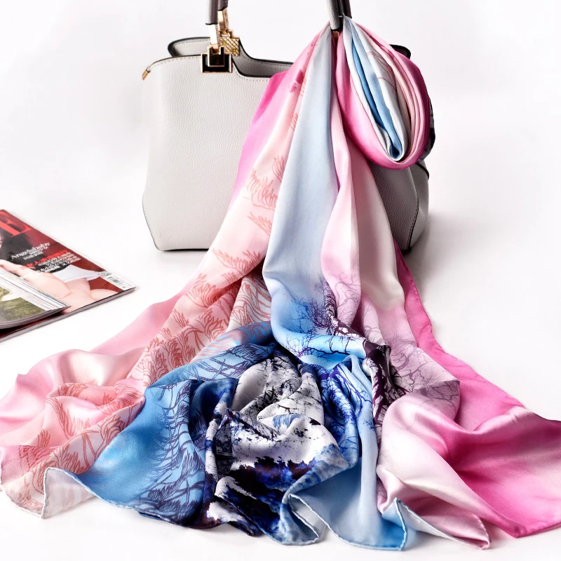 

Women 100% Real Natural Silk Scarf Shawls Wraps Luxury Print Long Hangzhou Silk Ladies Headscarf Foulard Femme Scarves 195*88cm