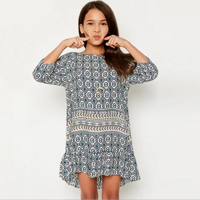 

Summer Junior Print Floral Dresses Teenager Fashion Ruffle Dress Big Kids girls casual Dress 2017 Childrens clothing