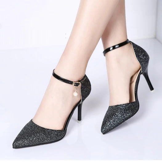 Женская свадебная обувь серебристого цвета модельные туфли на высоком каблуке из расшитой блестками ткани туфли-лодочки с завязками на лодыжках женские пикантные туфли на высоком каблуке zapatos mujer 3579