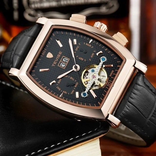 Tevise توربيون الساعات الرجال التسجيل التقويم الذاتي الرياح التلقائي الساعات الميكانيكية جلد الرجال ووتش أزياء للماء الذكور ساعة