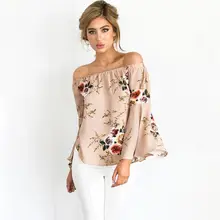 

Women Fashion Sexy Slash neck Off Shoulder Chiffon Blouse Shirt Casual Flare Sleeve Print Blouse Tops for Women New