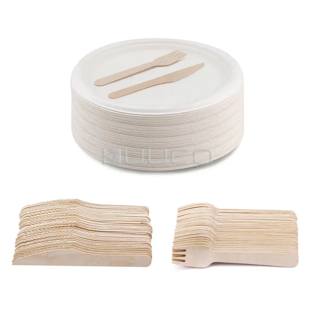 

150 PCS Disposable Dinnerware/Biodegradable Cutlery Set/Disposable Tableware for Party BBQ etc (50 Knives 50 Forks 50 Plates)