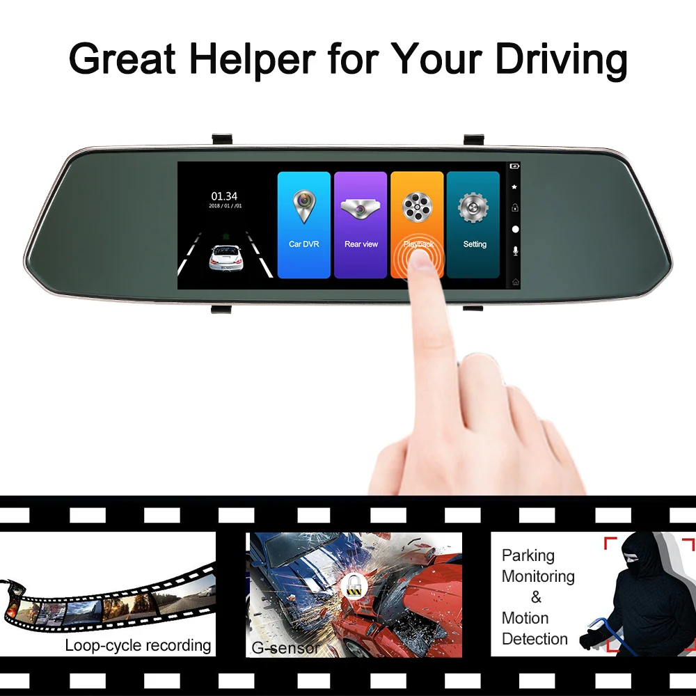 

7" Rearview Mirror Car DVR 1080P Touch Screen Dash Cam Driving Recorder Front and Rear Dual Lens G-sensor Motion Detection