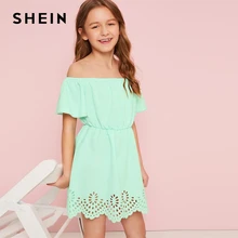 SHEIN/однотонное платье в стиле бохо с открытыми плечами и вырезами, детская одежда, коллекция года, летние платья трапециевидной формы с короткими рукавами и фигурным узором для девочек
