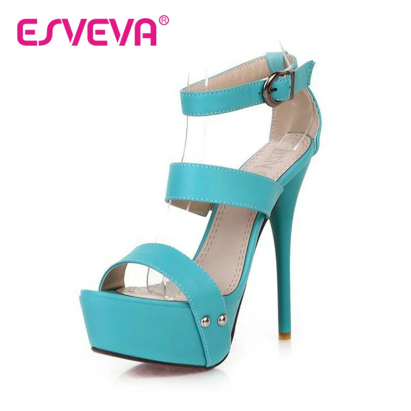 

ESVEVA Blue Summer Women peep toe wedding shoes 13.5 CM Thin high heel women sandals Platform shoes women buckle strap sandals