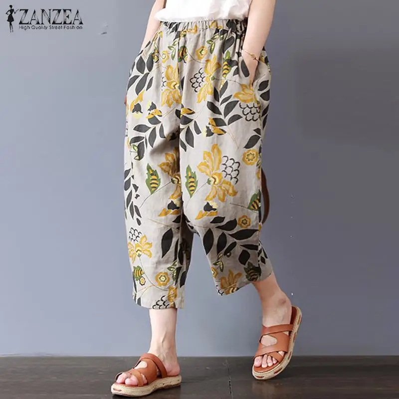 ZANZEA женские шаровары летние винтажные брюки с принтом осенние льняные Панталоны женские брюки в горошек уличная одежда размера плюс