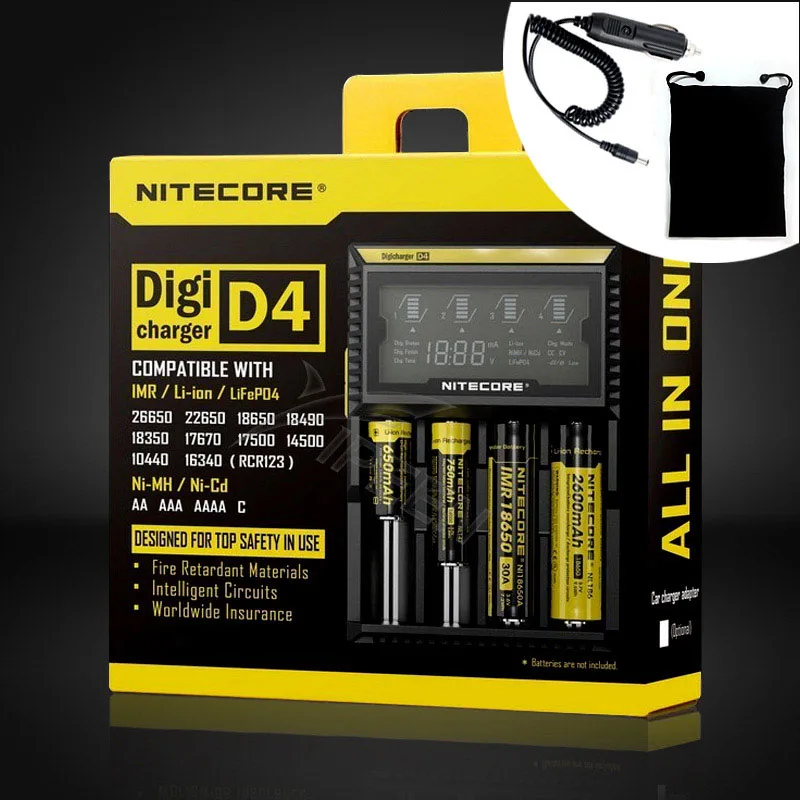 Высокое качество батареи Nitecore D4 D2 I4 I2 зарядное устройство ЖК-дисплей Интеллектуальный литий-ионный 18650 14500 26650 16340 AA автомобильное зарядное устройство ЕС - Цвет: D4 Car Cable Bag