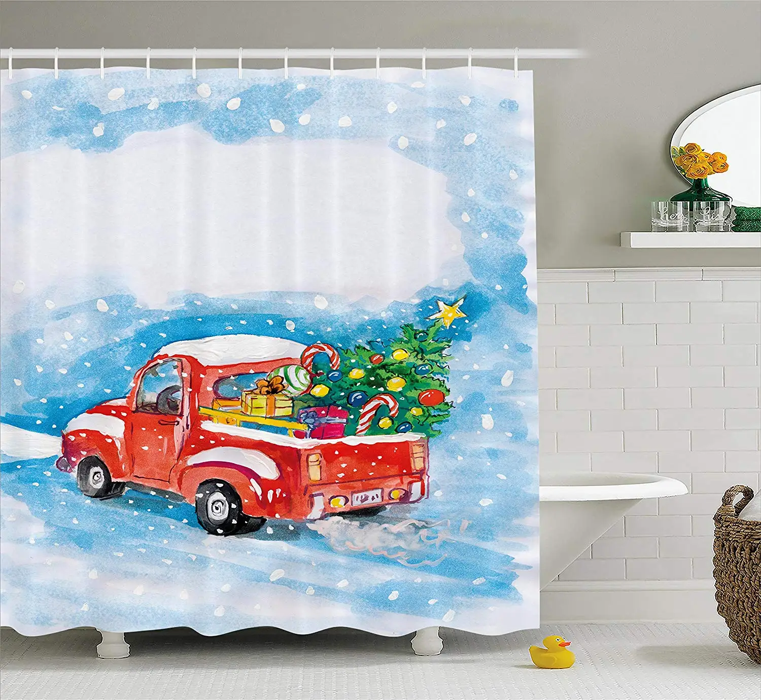 christmas shower curtain set vintage red truck in snowy winter scene xmas tree gifts candy cane kids - Christmas Shower Curtain Set christmas shower curtain set vintage red truck in snowy winter scene xmas tree gifts candy cane kids - Christmas Shower Curtain Set