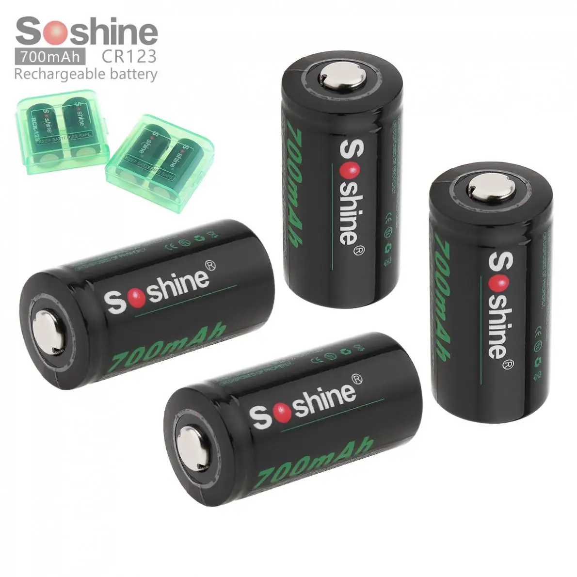 

Soshine 4 Pieces RCR 123 16340 700mAh Li-ion Rechargeable Battery with 2pcs Battery Box for Flashlights / Headlamps