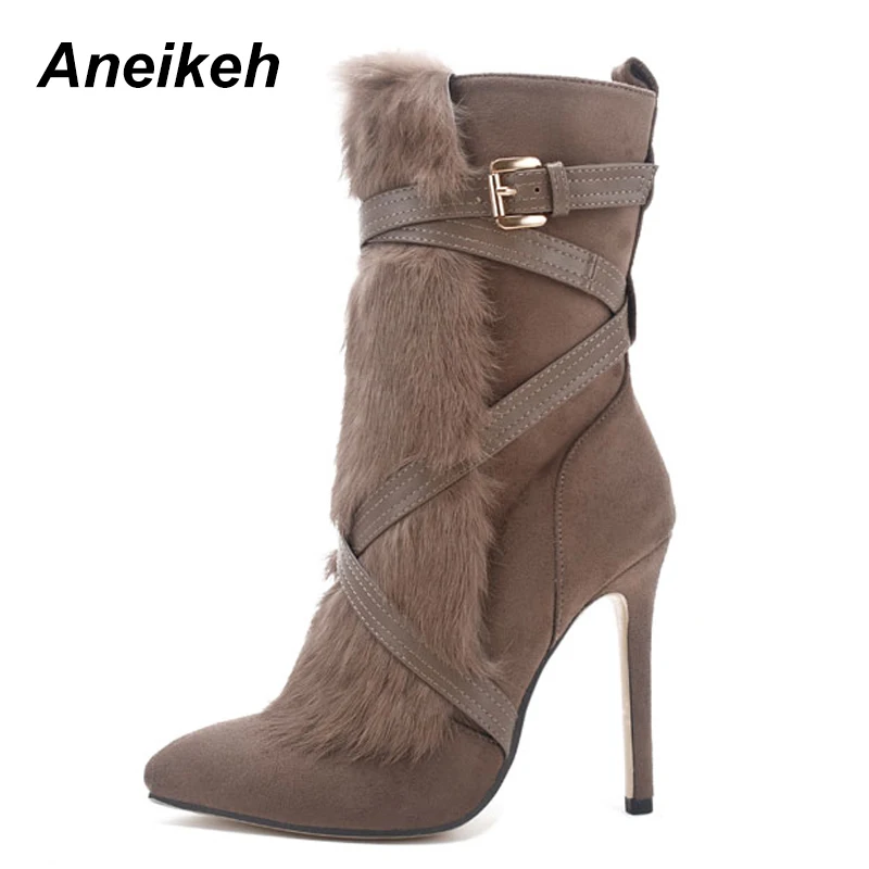 Kopen Aneikeh 2018 Suede Konijnenbont Vrouw Schoenen Cross gebonden Spitse Neus Rits Warm Fashion Hoge Hakken Sexy Enkellaarsjes maat 35 40