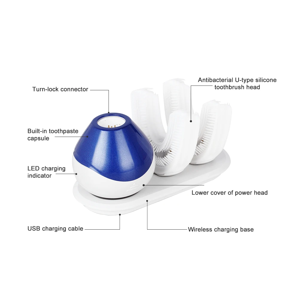 New 360 Degrees Automatic Sonic Electric Toothbrush USB Rechargeable Ultrasonic U Shape Toothbrush Double Heads 15 Seconds