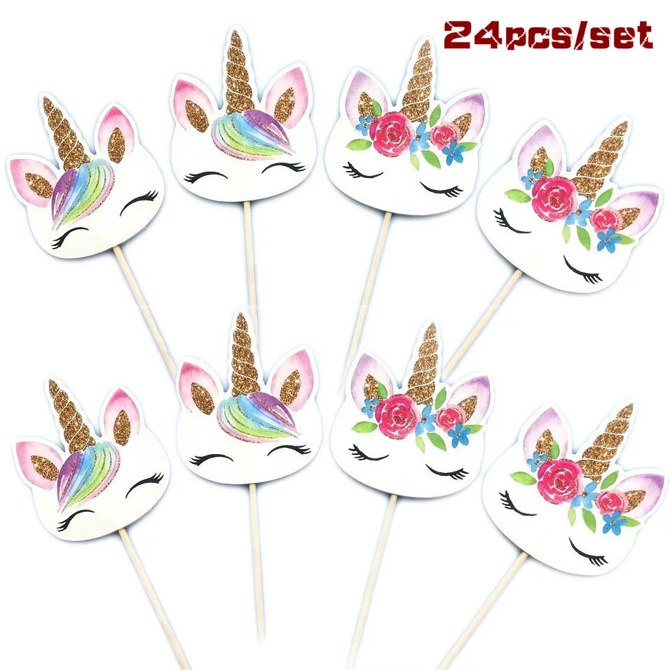 

Baby Shower 24 Pcs Unicorn Cartoon Wedding Cake Decorating Birthday Decor Supplies Cupcake Toppers Party Gifts Insert Card Flags