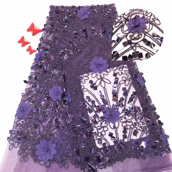 

African Lace Fabric Purple French Sequins Net Lace High Quality Tulle Lace Embroidery 3D Lace With Beads For