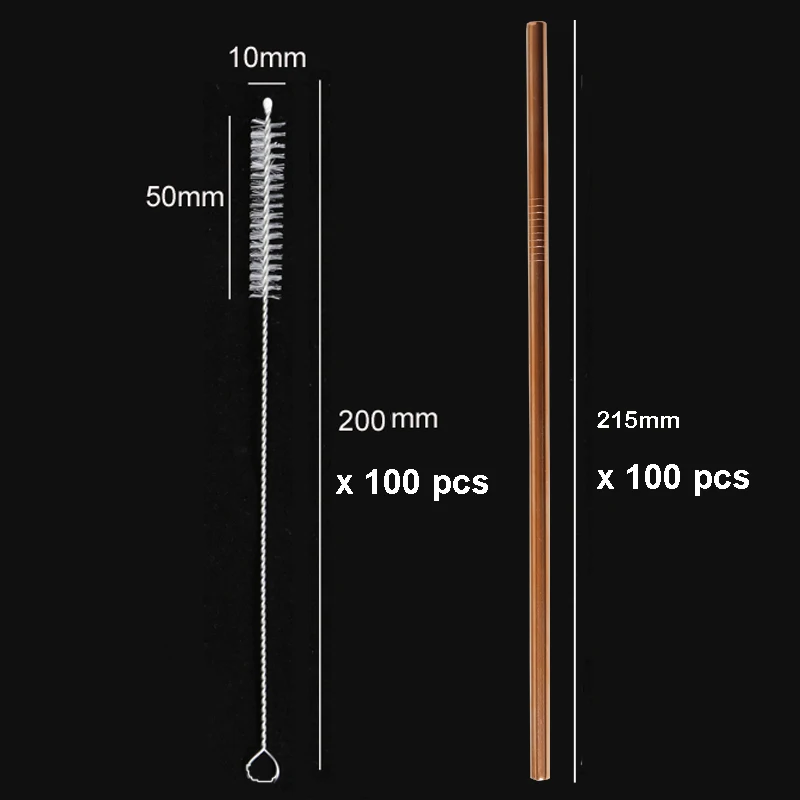 100 шт/партия многоразовые металлические соломинки E-co дружественные нержавеющей стали питьевой соломинки с кистью мешок 215 мм* 6 мм трубы для 20/30 унций кружки - Цвет: Rosegold type 1