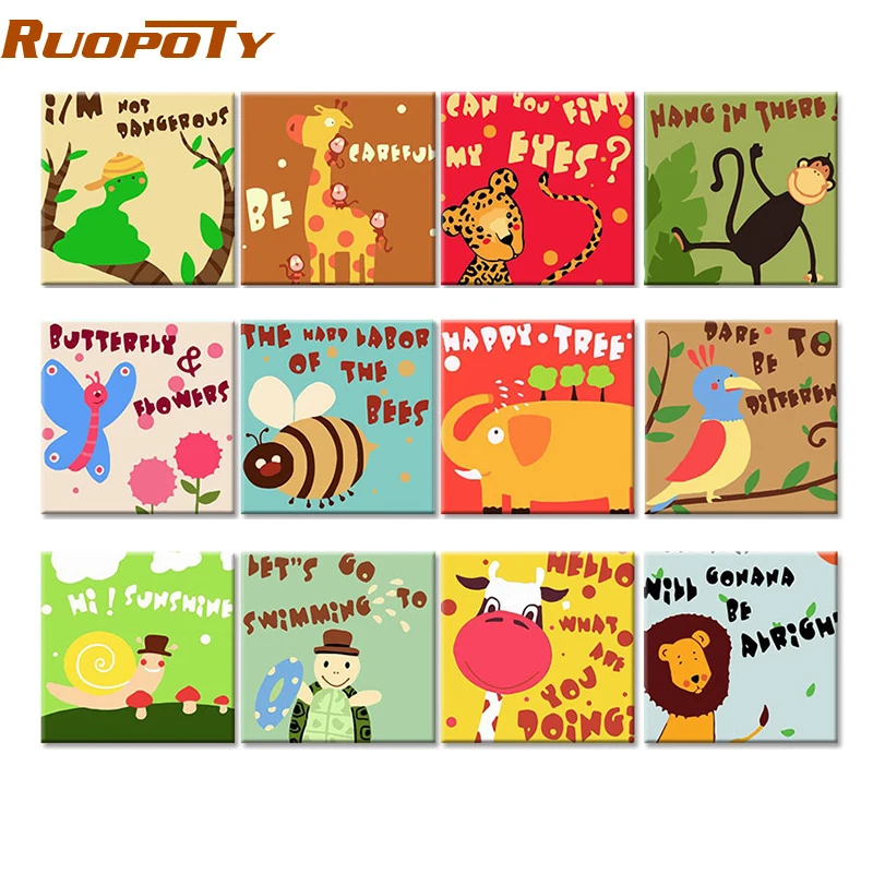 

RUOPOTY Frame Cartoon Animals DIY Painting By Numbers Children Acrylic Paint By Number Hand Painted Calligraphy Painting 20x20cm