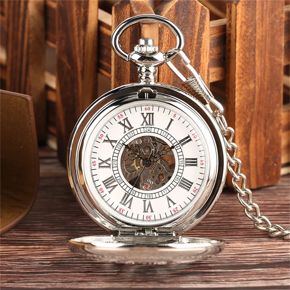 Silver Hollow Gear Roman Mechanical Pocket Watch Chain Classic Hand Winding Clock Roman Number Men Women Children Clock  (11)