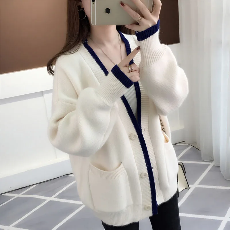 

2019 Spring Autumn New Women Lazy Style Sweater Coats Women Casual Cardigans Patchwork Color Lantern Sleeve Female Sweater Coats