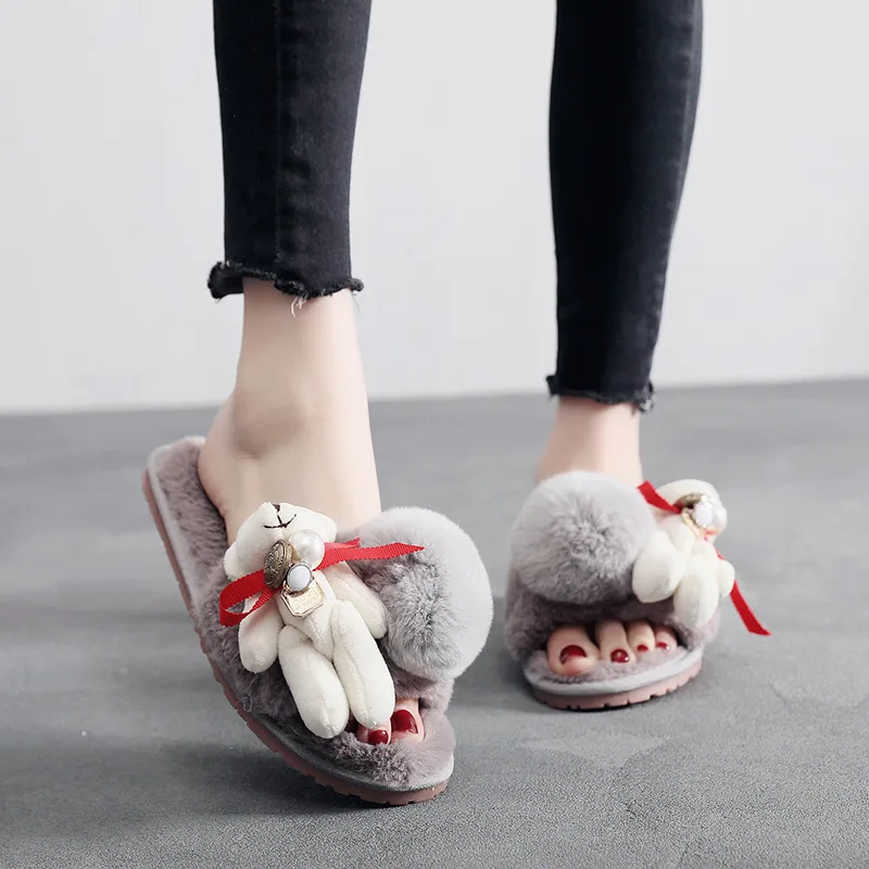 

cute riband bear fur slipper women rabbit fur ball decoration flip flops female cozy furry indoor shoes chaussons femme hiver 20