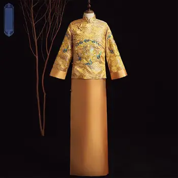 

Cheongsam Men Wedding Bridegroom Satin Vintage Button Evening Costume Mandarin Collar Long Robe Gown Embroidery Dragon Suit