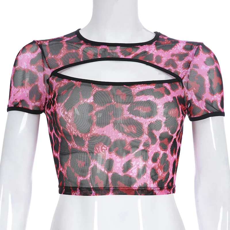 Harajuku BLACKPINK Lisa уличная розовая леопардовая Футболка женская сетчатый топ Vogue с длинными рукавами сексуальная Прозрачная Футболка Femme - Цвет: short sleeve