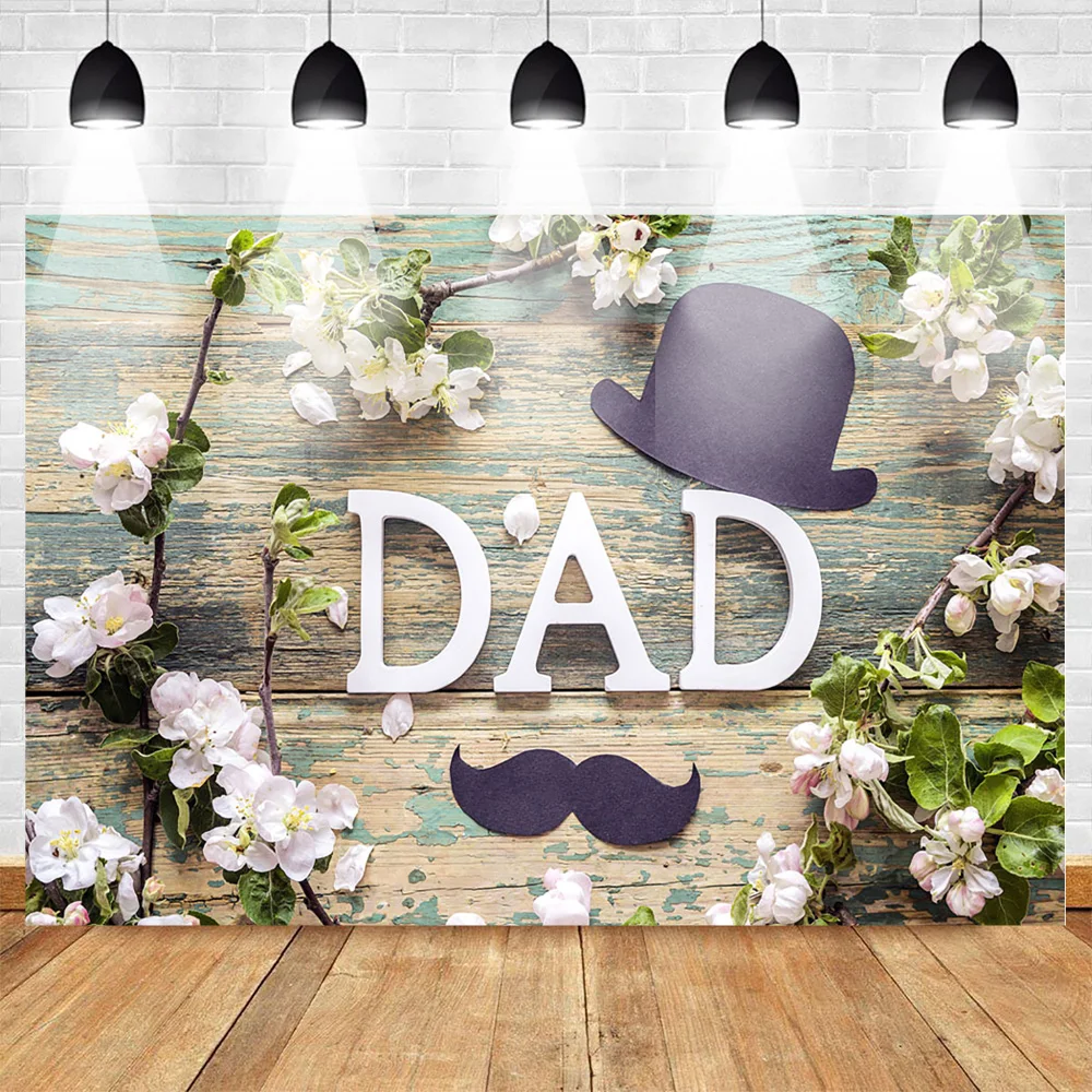

Flower Backdrop Celebration Father's Day Background for Dad Wooden Floor Photo Backdrops Cap and Beard Backgrounds for Booth