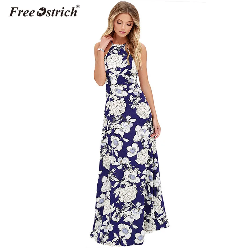 

Free Ostrich Long Dress Women Summer Sleeveless Floral Print Halter Back Hollow Out Dresses Straight Casual vestido Dropshipping