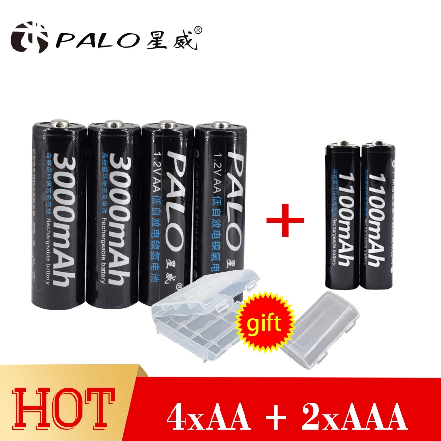 PALO 4Pcs 1.2V 3000mAh AA Batteries+2Pcs 1100mAh AAA Batteries NI-MH AA/AAA Rechargeable Battery for electric toy Flashlight mp3